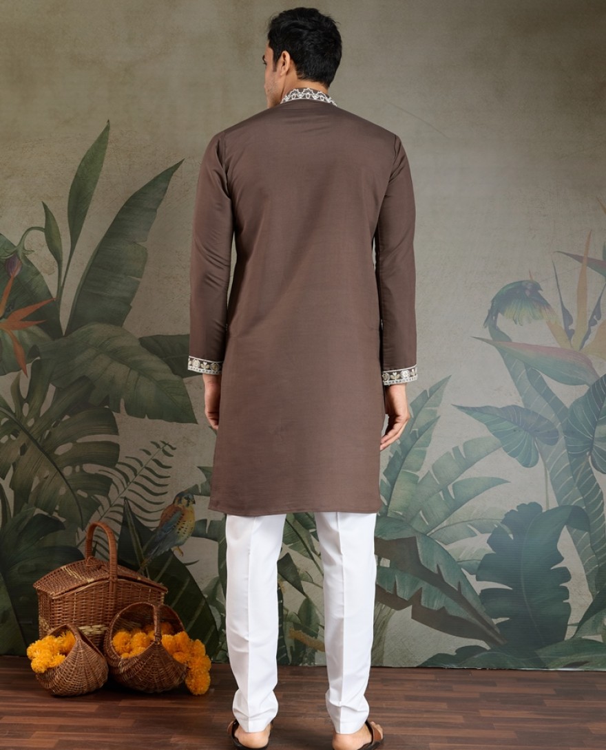 61322-brown - Brown Thread & Sequence Hand Embroidered Men’s Kurta Set